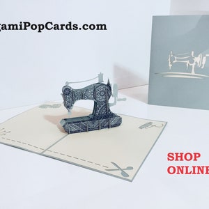Cartões comemorativos pop-up 3D vintage cinza prateado para máquina de costura - Criados por Origami Pop Cards com amor https://origamipopcards.com