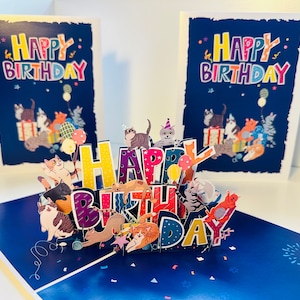 Fête de joyeux anniversaire avec des chats avec des cadeaux faits main en origami Cartes pop 3D Carte de voeux pop-up Love Shop en ligne https://origamipopcards.com/