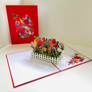 Lindo cartão pop-up 3D com jardim nativo australiano e pássaros, feliz aniversário, obrigado, feito à mão, compre online https://origamipopcards.com/