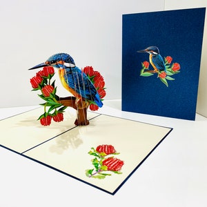 Glückliche Eisvogel Vogel Karte Erstellt von Origami Pop Cards, Sydney Australia 3D Papier Pop Up Karten OrigamiPopCards.com Hand Made with Love