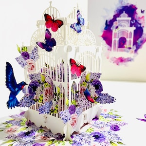 Cartão de felicitações pop-up 3D com borboleta beija-flor roxa e flores da primavera, feliz aniversário, obrigado, compre online https://origamipopcards.com/