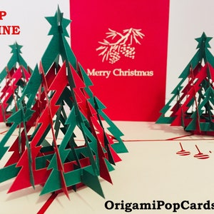 Tarjeta de felicitación emergente 3D "Feliz Navidad con árbol en rojo y verde" creada por Origami Pop Cards Felices fiestas Hecho a mano con amor Saludos de temporada