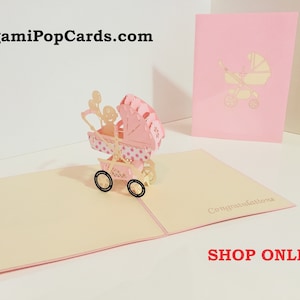 Roze kinderwagen kinderwagen 3D verjaardagswenskaart origami handgemaakte uitnodigingskaart SYDNEY SHOP ONLINE https://origamipopcards.com/