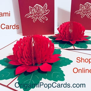 Metallic Red Waratah Australian Native Flower 3D Pop Up Card - Created by Origami Pop Cards - Happy Birthday Thank You Merry Christmas Love