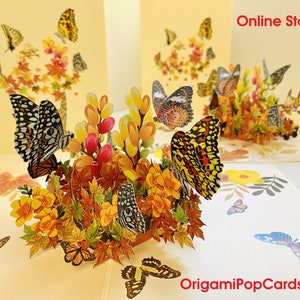 Butterflies Resting on Bed of Autumn Fall Leaves 3D Pop Up Greeting Card Happy Birthday Thank You Shop Online https://origamipopcards.com/