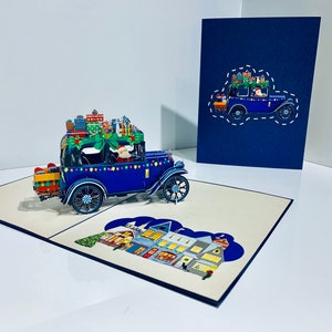 Papai Noel de Natal dirigindo seu caminhão azul vintage ~ Cartão pop-up 3D com amor