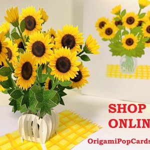 Buquê de girassóis dourados de primavera em vaso 3D Pop Up Origami Cartão de felicitações Feliz Aniversário Dia das Mães COMPRE ONLINE https://origamipopcards.com/