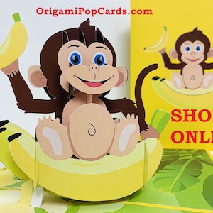 Cheeky Monkey Go Bananas Cartão de Aniversário Pop-up 3D Feito à Mão Cartões Pop de Origami Feliz Aniversário COMPRE ONLINE https://origamipopcards.com/