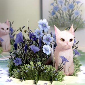 Jardim de flores de linho azul selvagem com um gato branco Cartão pop-up de feliz aniversário de amor Cartões pop de origami Loja https://origamipopcards.com/