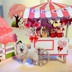 Samoyed Dog with a LOVE Lollipop Cart 3D Pop Up Greeting Card - Perfect for Dog Lovers Handmade Shop Online https://origamipopcards.com/