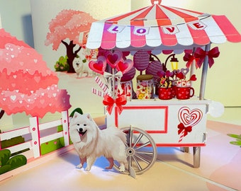 Samoyed Dog with a LOVE Lollipop Cart 3D Pop Up Greeting Card - Perfect for Dog Lovers Handmade Shop Online https://origamipopcards.com/