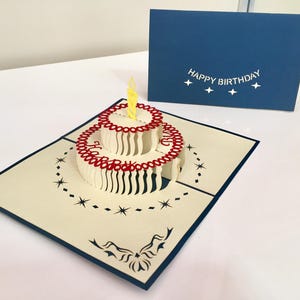 Origami Pop Cards - Birthday Cake in Blue Cover - 3D Pop Up Greeting Card - Handmade with Love - Size 12 x 17 cm