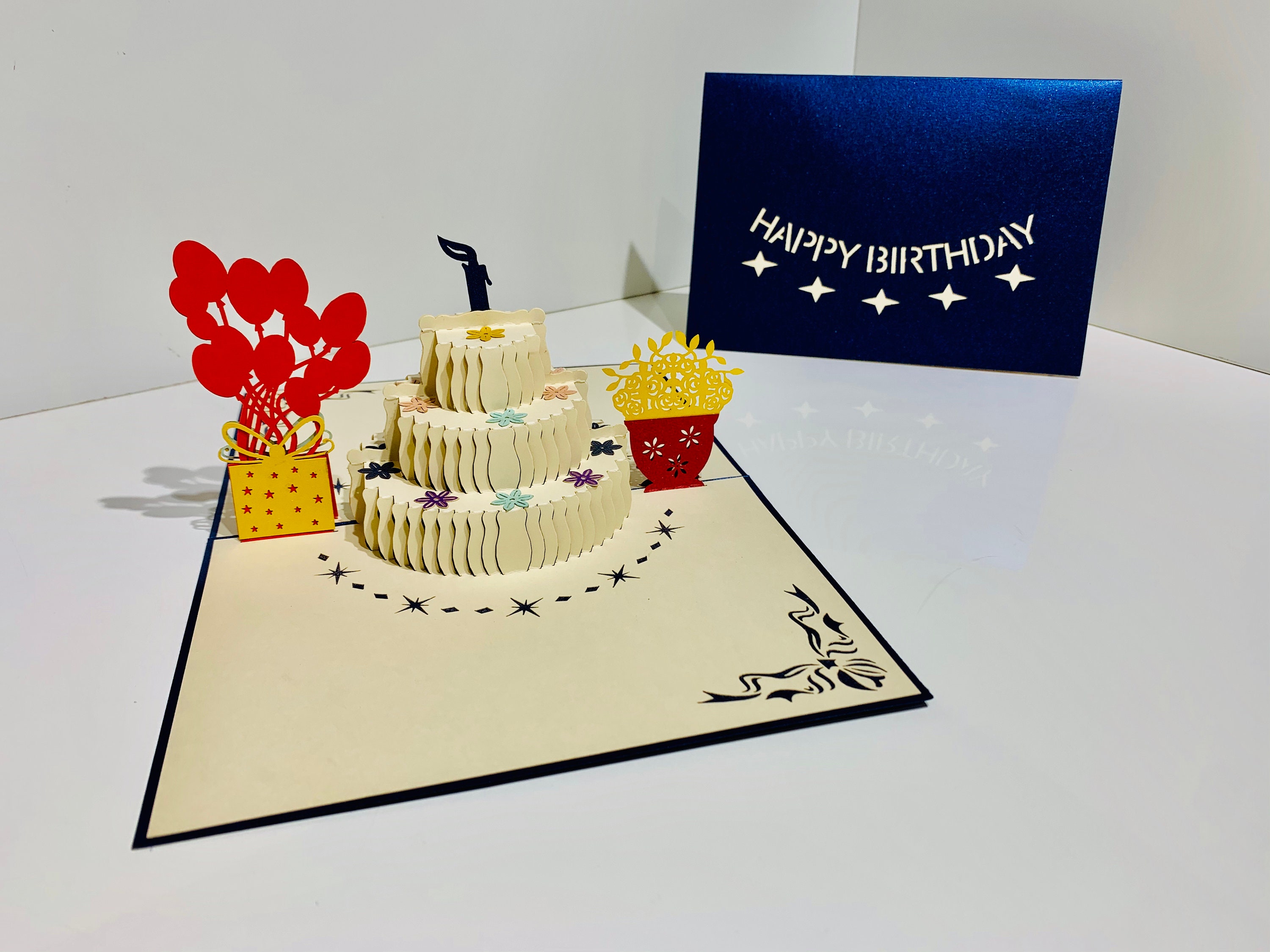 メタリックブルーのバースデーケーキ～折り紙ポップアップカード3Dで