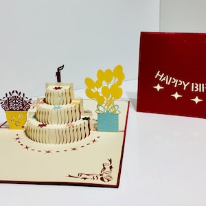 Bolo de aniversário com capa vermelha, cartão pop-up feito à mão com amor, cartão pop-up 3D, compre online https://origamipopcards.com/