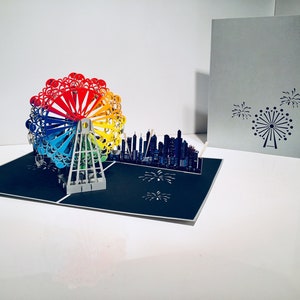 Rainbow Ferris Wheel & City View Card Created by Origami Pop Cards, Sydney Australia 3D Paper Pop Up Cards OrigamiPopCards.com Hand Made
