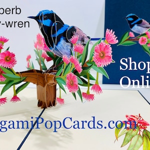 Cartão de felicitações pop-up 3D com tema de fada azul, pássaro australiano, flor silvestre nativa, feliz aniversário, feito à mão https://origamipopcards.com/