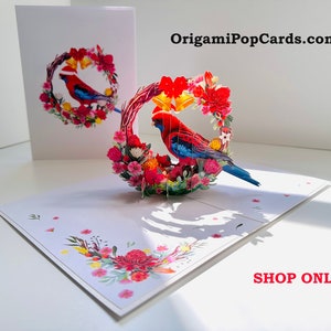 Cartão de felicitações pop-up 3D com pássaro australiano e rosela carmesim e flores nativas, compre online https://origamipopcards.com/