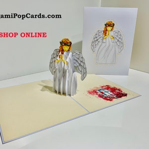 Weißer betender Schutzengel Pop Up Grußkarte Frohe Weihnachten - Hergestellt von Origami Pop Cards - OrigamiPopCards.com Hand Made With Love