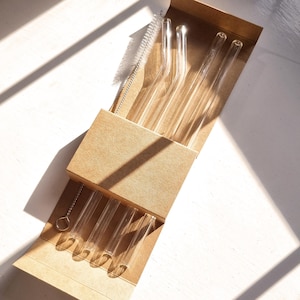 Glass Reusable Drinking Straws | Eco Friendly | Cleaning Brush | Sustainable | Clear Colour Bent Straight Wavy | Boba Bubble Tea Straw