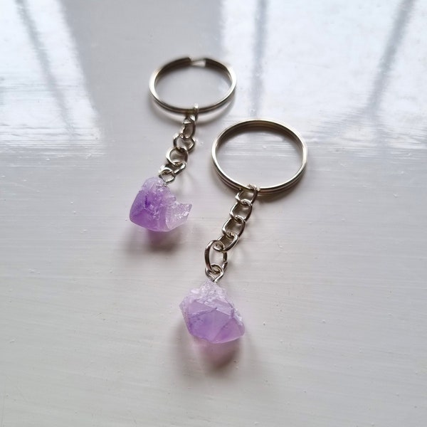 Gemstone Keychain | Natural Gem Keyring | Irregular Raw Stone Purple Amethyst | Crystal Clear Quartz | Bag Charm Pendant | Calm Balance