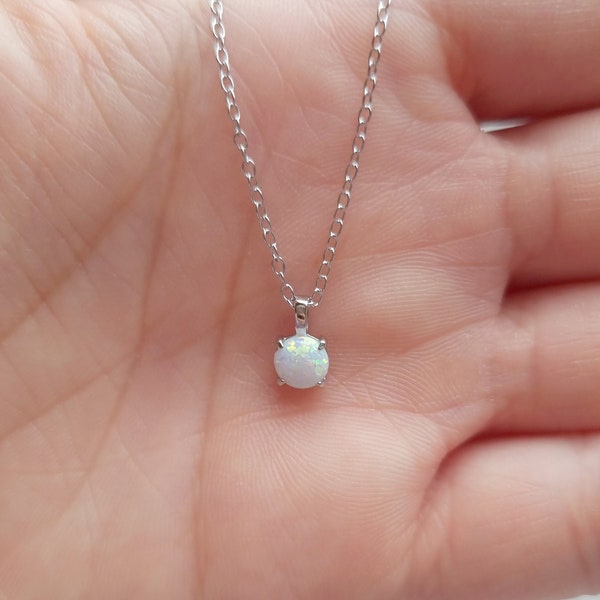 Tiny White Opal Pendant Necklace Silver | 5mm Opal Link Chain Jewellery | Dainty Delicate Minimalist | Gemstone Jewelry | October Birthstone