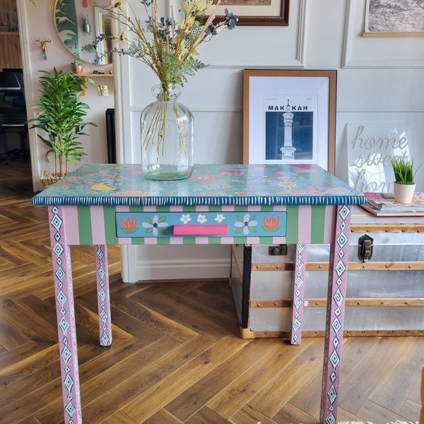 Handpainted Floral Folk Art Colourful Desk Table | One Of A Kind | Unique Furniture | Upcycled Flower Pattern | Modern Sideboard Console