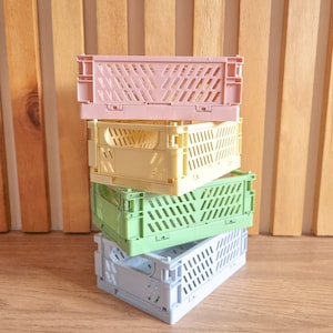 Mini Stackable Storage Crates | Pastel Bright Colourful | Desk Organiser Organizer | Collapsible Multi Use | Kawaii Craft Office Tidy
