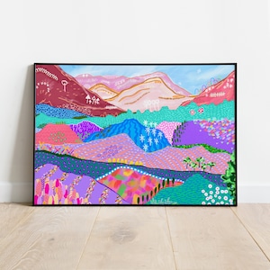 Landscape Mountain Pink Pastel Colourful Print Illustration | Wall Art | Home Decor, Living Room, Kitchen, Hallway | A6 A5 A4 A3 A2 A1