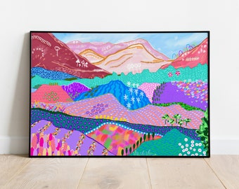 Landscape Mountain Pink Pastel Colourful Print Illustration | Wall Art | Home Decor, Living Room, Kitchen, Hallway | A6 A5 A4 A3 A2 A1