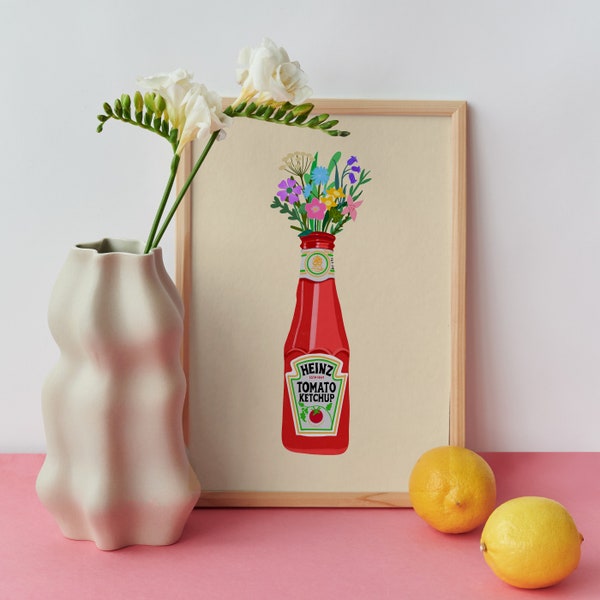 Drôle Heinz Ketchup Fleurs sauvages Floral Kitchen Print Illustration | Sauce Tomate | Art mural | Couloir de chambre à coucher de décoration intérieure | A6 A5 A4 A3 A2 A1