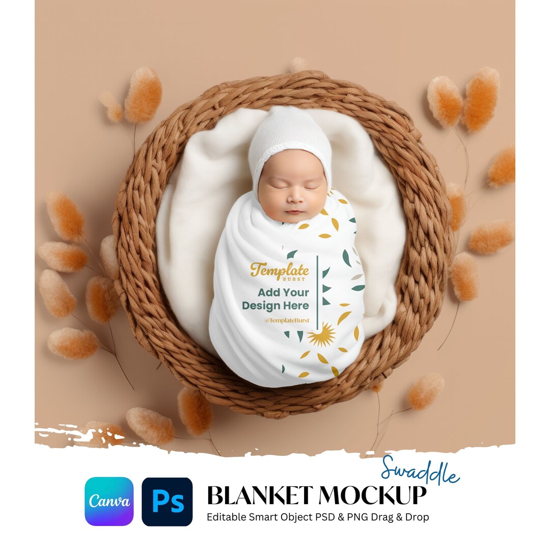 PSD Baby Swaddle Blanket Mockup, PSD Smart Object, Nursery Blanket