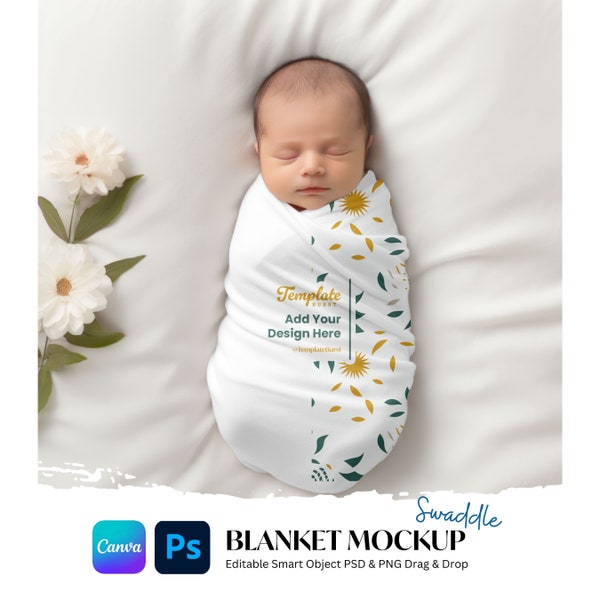 PSD Baby Swaddle Blanket Mockup, PSD Smart Object, Nursery Blanket Mockup, PSD Smart Object, Overlay Mockup Canva