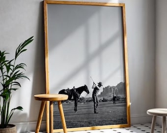 Vintage Cowboy Golf Retro Poster Wall Art, Black and White Western Golf Art Print, Sports Cowboy Art Print,Cowboy Digital Download