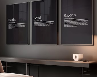 Set of 3 Motivational Definition Wall Art Prints for Men – Masculine Gym Decor, Office Printable Quotes,Black Poster Prints Wall Decor