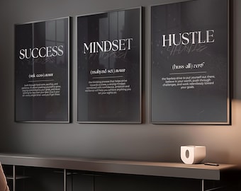 Set of 3 Inspirational Wall Definition Art Prints for Men – Success, Hustle, Mindset, Masculine Gym Decor, Office Prints, Motivational Art