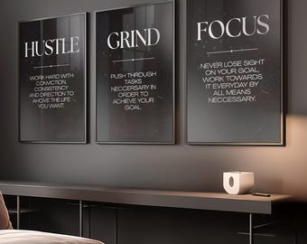 Set of 3 Motivational Wall Art Prints for Men – Masculine Gym Decor, Office Printable Quotes,Black Poster Prints, Focus, Hustle, Grind