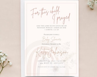 Inbjudan till babyshower med regnbågsmotiv: "För detta barn bad jag" (digital nedladdning)