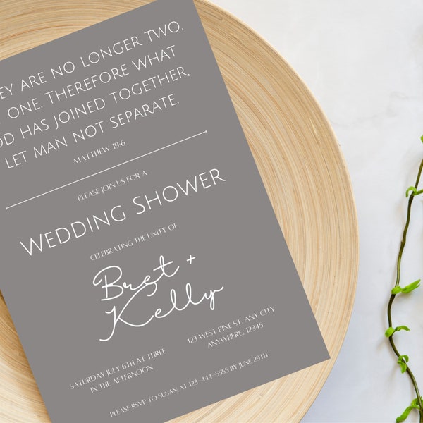 No Longer Two, but One Matthew 19:6 Bridal Wedding Shower Invitation Fully Editable Digital Download Gray