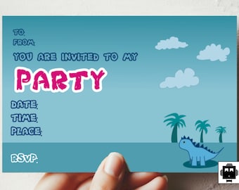 Cute Dinosaur Party Invitation, Kawaii, Kid's, Children, Adult, Celebration, Invites