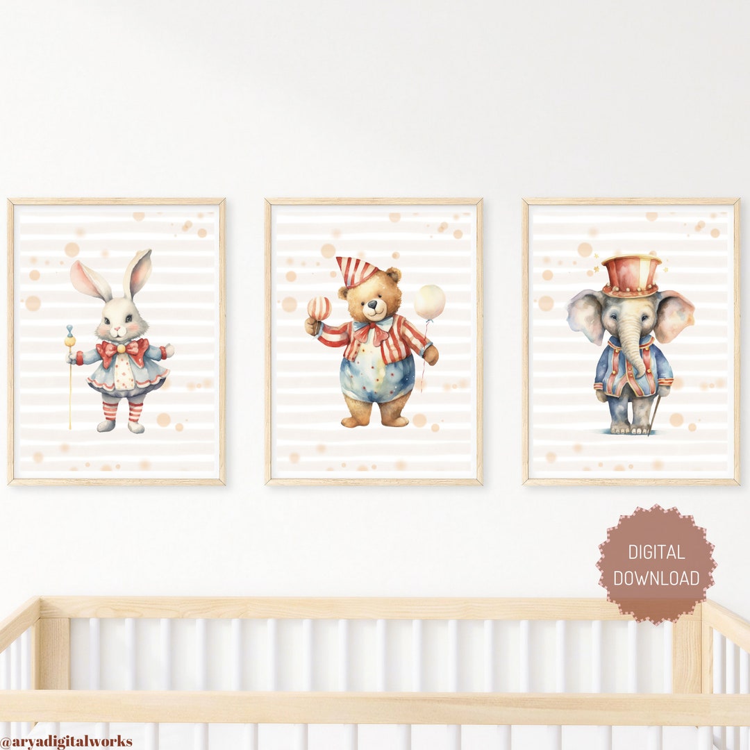 Circus Nursery Printable Wall Art Set of 3 Prints Rabbit, Bear ...