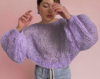 Oversize mohair sweater chunky cable hand knit mohair pullover alpaca wool womens light sweater