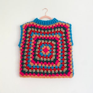 Knitted Vest Granny Square, Boho Patchwork Vest, Colorful Granny Square Crochet, Festival Wear Womens Knit Top