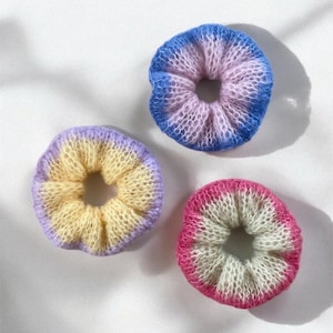 Hair scrunchies cable knit, fluffy women&#39;s knitted ties, handmade alpaca silk hair accessories for woman, gift for friend