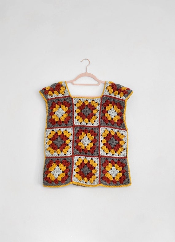 Gilet patchwork bohème, crochet carré grand-mère coloré, haut en