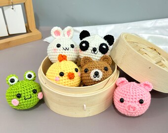 Crochet Animal Dumpling Set With Steamer, Soft Squeeze Toy, Panda Bear Pig Chick Frog Bunny, Fun Decorative Ornament, Holiday Present