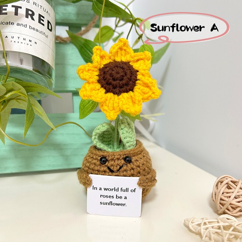 Op maat gemaakte gehaakte bloempotplant, cadeau voor moeder/vrouw/vriendin, schattige bureauaccessoires, liefde uiten Sunflower A