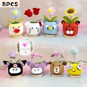 Niedliche handgemachte gehäkelte Blume im Tiertopf, gehäkeltes Kätzchen, Tiger, Eule, Tierplüschtier, Sonnenblume, Gänseblümchenpflanze, Geschenkkarte, Schreibtischdekor
