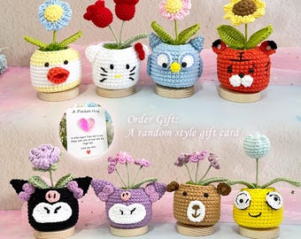 Handmade Crochet Flower In Animal Pot, Crochet Kitten, Tiger, Owl, Animal Plush, Sunflower, Daisy Plant, Pocket Hugs