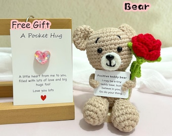 Crochet Bear, Sloth, Otter, Flamingo, With Rose, Positive Gift, Pocket Hug, Kind Words, Amigurumi