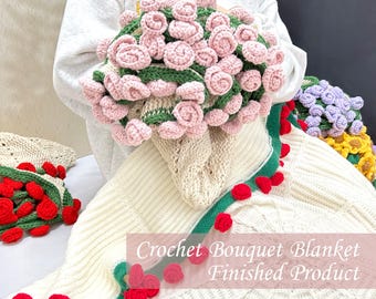 ハンドメイドかぎ針編みのローズブーケブランケット：柔らかな花柄の